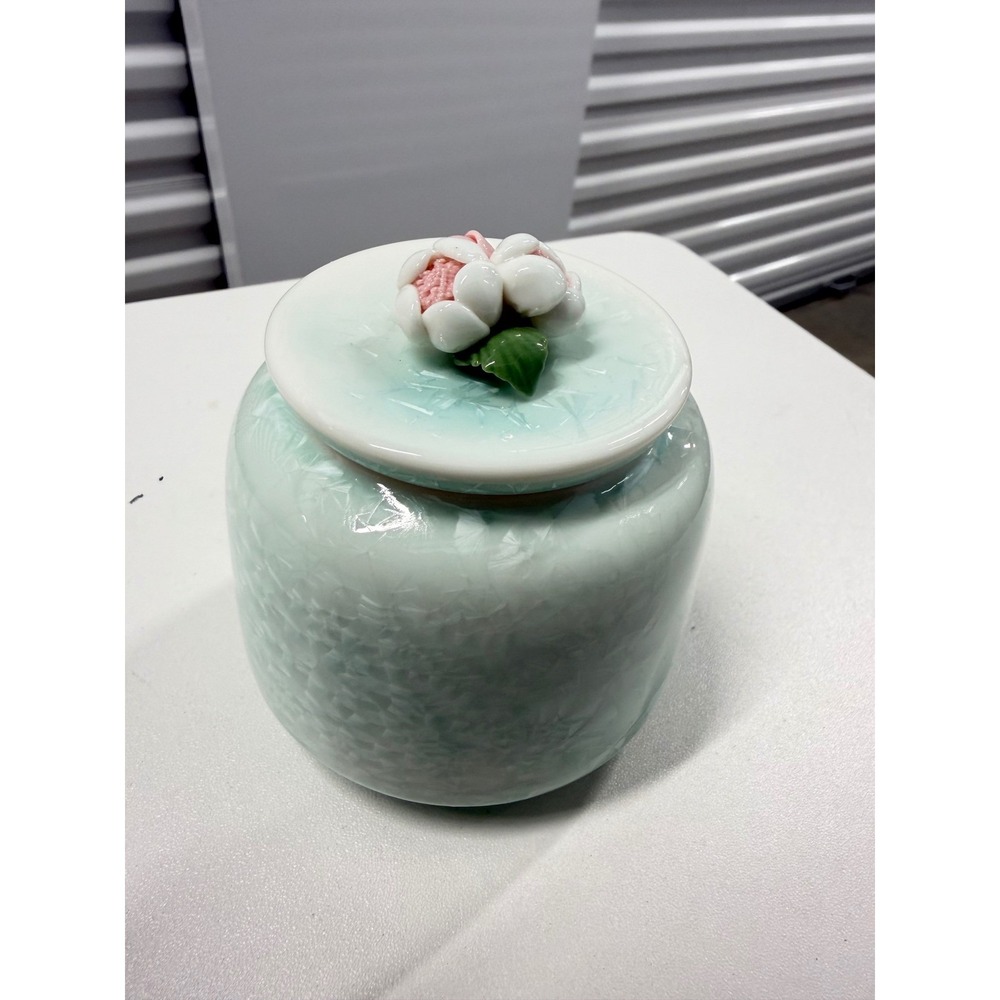 Vintage Crystalline Glaze Ceramic Tea Caddy Mint Green Floral Finial Small Jar